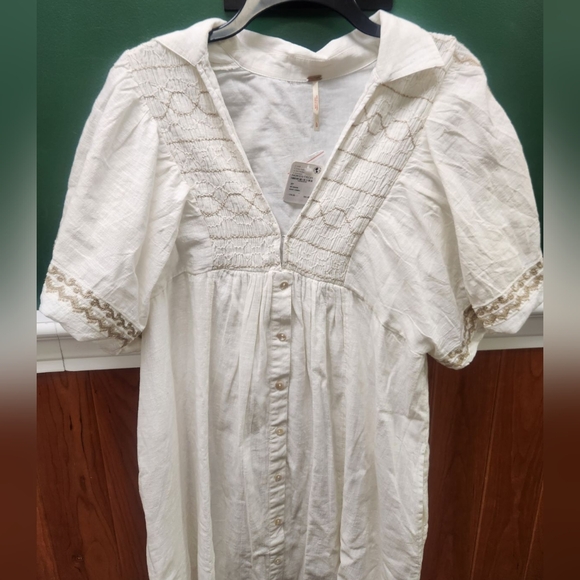 FREE PEOPLE Ivory Samantha Embroidered Maxi Cotton Shirt-Dress Billowy Sleeve L - Picture 5 of 11